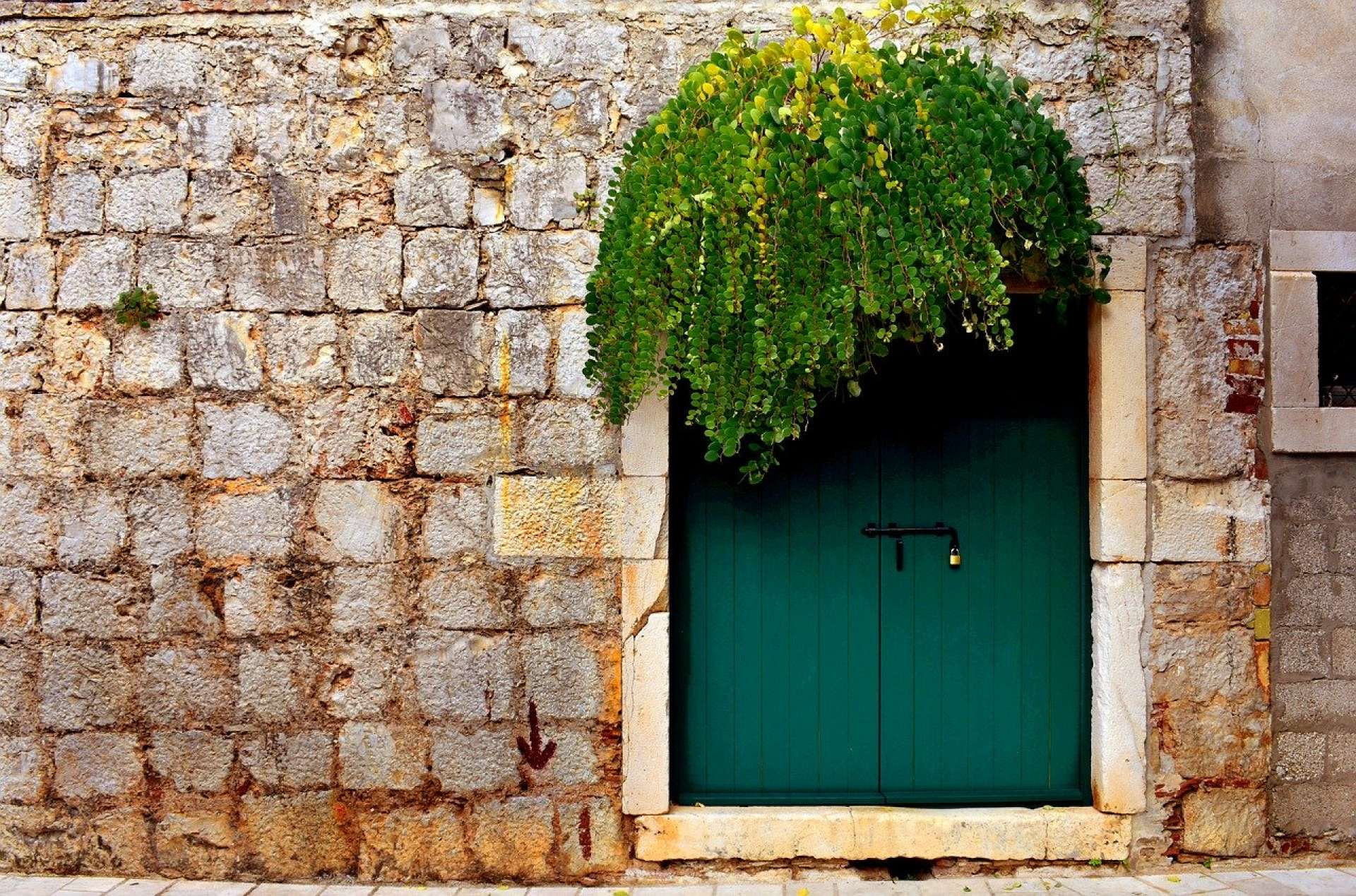 Можно увидеть на стене. Зеленая дверь. Зеленая дверь в стене. Старинная дверь. Стена с дверью.